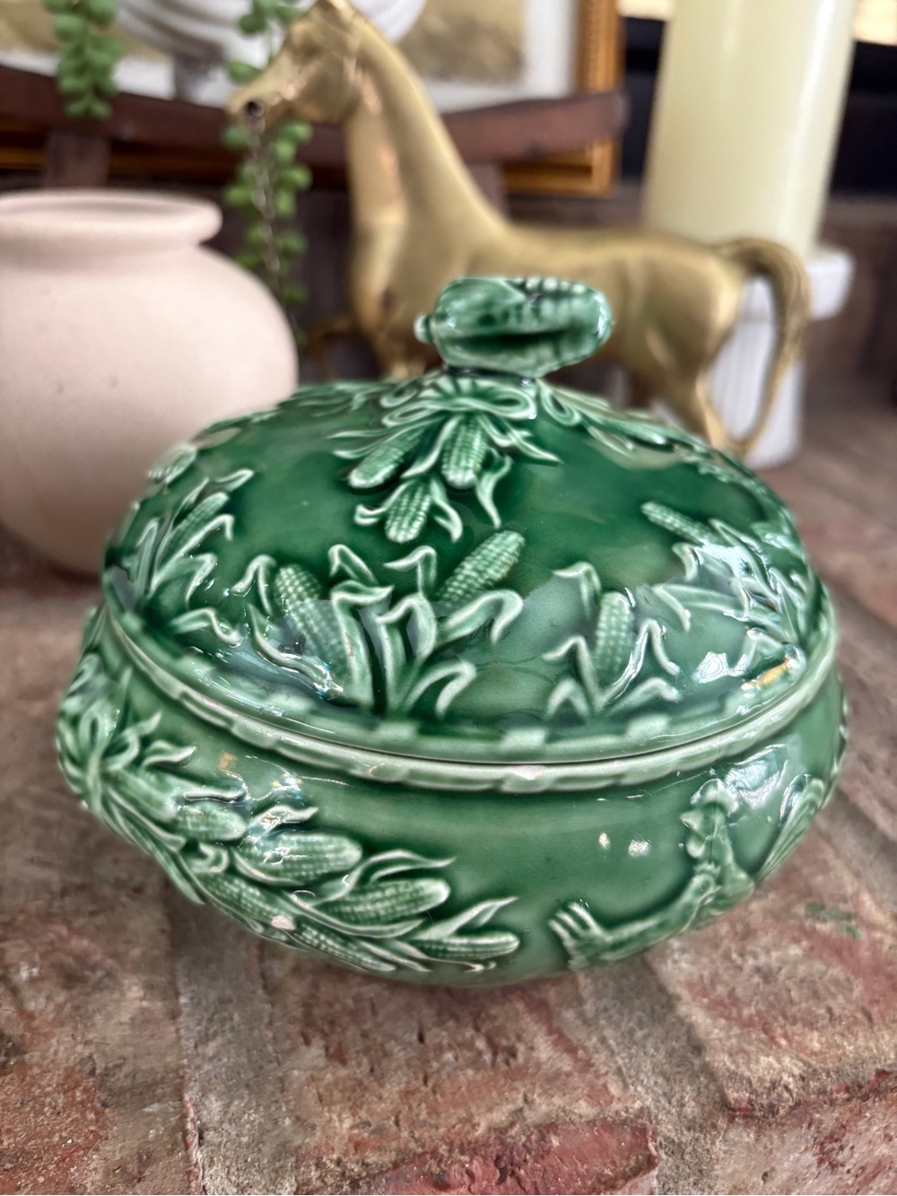 Vintage Sur La Table rooster and corn dish with lid, Portugal